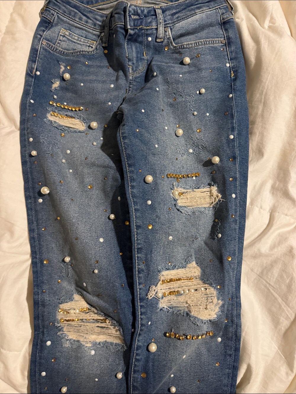 Guess Blue Skinny Jeans with Pearl & Gold Studs